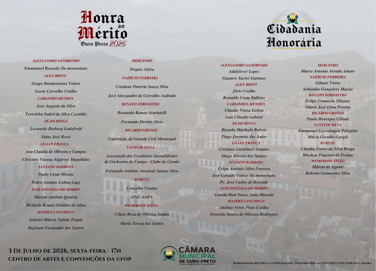 Câmara de Ouro Preto concede Diplomas de Cidadania Honorária e Honra ao Mérito 2026